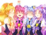  4girls aino_megumi blonde_hair blue_hair bow choker closed_eyes crown cure_fortune cure_honey cure_lovely cure_princess earrings hair_ornament happinesscharge_precure! heart heart_hair_ornament hikawa_iona jewelry long_hair magical_girl multiple_girls oomori_yuuko open_mouth pink_hair ponytail precure purple_hair ribbon shirayuki_hime skirt smile twintails wrist_cuffs 