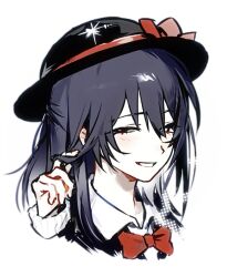  1boy 2jomii aqua_eyes black_eyes black_hair black_hat bow bowtie child commentary hand_up hat hat_bow highres hong_lu_(project_moon) limbus_company limbus_kindergarten_uniform looking_at_viewer medium_hair narrowed_eyes parted_lips project_moon red_bow red_bowtie romaji_commentary simple_background smile solo white_background 
