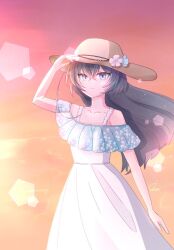  1girl arm_up bare_shoulders black_hair blue_eyes blue_flower brown_hat bungou_stray_dogs bungou_stray_dogs:_mayoi_inu_kaikitan closed_mouth collarbone commentary_request crossed_bangs dress flower hair_between_eyes hair_down hand_on_headwear hat hat_flower izumi_kyouka_(bungou_stray_dogs) le_chocolat_010 long_hair looking_at_viewer off-shoulder_dress off_shoulder official_alternate_costume official_alternate_hairstyle outdoors pink_flower signature sky solo sun_hat sundress sunset white_dress 