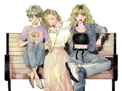  3girls ^_^ blonde_hair blue_jacket blue_pants brown_hair brown_shoes character_request closed_eyes closed_mouth commentary copyright_request curly_hair denim earrings grey_hair jacket jeans jewelry let_ink long_hair long_skirt midriff multiple_girls on_bench pants pink_lips pink_skirt purple_shirt shirt shoes short_hair sitting skirt smile sneakers untranslatable_commentary white_shirt white_shoes yellow_eyes 