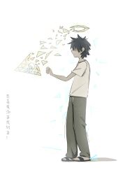  absurdres black_hair crack false_memory green_pants guan_chao_(false_memory) guan_chao_(teenager)_(false_memory) halo highres male_focus mini_person miniboy pants pyramid_(structure) sandals shirt short_sleeves simple_background slides tear_troughs triangle white_shirt 
