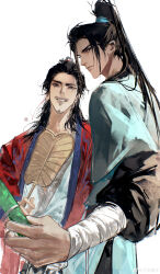  2boys absurdres all_wishes_come_true! arm_wrap black_eyes black_hair black_pants blue_hanfu blue_trim chinese_clothes chinese_commentary closed_mouth coat commentary_request facial_hair grin hair_bun half_updo hand_fan hanfu high_ponytail highres holding holding_fan holding_sword holding_weapon jian_(weapon) layered_sleeves leaf_fan long_hair long_sleeves looking_at_viewer lv_dongbin_(all_wishes_come_true!) male_focus multiple_boys mustache_stubble open_clothes open_coat pants parted_lips ponytail red_coat robe seal_impression sidelocks simple_background single_hair_bun smile standing stubble sword topknot upper_body watermark weapon weibo_watermark white_background white_hanfu xiaowangba488 zhongli_quan_(all_wishes_come_true!) 