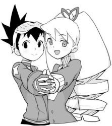  1boy 1girl bad_id bow drill_hair eyewear_on_head fingerless_gloves geo_stelar_(mega_man) gloves greyscale hair_bow heriyama holding_hands long_hair lowres luna_platz_(mega_man) mega_man_(series) mega_man_star_force_(series) monochrome open_mouth smile twin_drills very_long_hair 