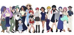  6+girls :d adjusting_eyewear ahoge alternate_costume amarys_(pokemon) ankle_strap arms_behind_head bag baggy_pants belt black_bag black_belt black_boots black_collar black_eyes black_hair black_pants black_shirt black_shoes blonde_hair blue_dress blue_eyes blue_skirt blue_vest blush_stickers boots bracelet breasts briar_(pokemon) bright_pupils brown_bag brown_eyes brown_shoes buttons camera carmine_(pokemon) casual closed_mouth collar collarbone collared_shirt commentary crop_top dark-skinned_female dark_skin dendra_(pokemon) dress earrings english_commentary eri_(pokemon) eyelashes fishnet_pantyhose fishnets full_body geeta_(pokemon) glasses green_eyes green_hair green_pants green_skirt grey_pupils grey_shirt grey_shoes grey_vest grin hair_ornament hairclip hand_up handbag hands_in_pockets hat height_difference high_heels highres holding holding_bag holding_camera jacket jewelry knee_boots lacey_(pokemon) long_hair long_sleeves looking_at_viewer medium_skirt mela_(pokemon) meru_merume603 midriff miriam_(pokemon) multicolored_hair multiple_girls navel necklace nemona_(pokemon) one_eye_closed open_clothes open_jacket open_mouth outline outside_border panties pants panty_peek pantyhose penny_(pokemon) perrin_(pokemon) pigeon-toed pink_shoes pokemon pokemon_scarlet_and_violet ponytail poppy_(pokemon) print_pants purple_hair raifort_(pokemon) red_eyes red_hair red_skirt rika_(pokemon) round_eyewear sandals shirt shoes short_hair short_sleeves shorts shoulder_bag sidelocks signature simple_background single_off_shoulder skirt sleeveless small_breasts smile sneakers socks standing strapless strapless_shirt teeth thigh-highs thigh_strap toes tongue tongue_out two-tone_hair underwear upper_teeth_only vest violet_eyes white_background white_pants white_pantyhose white_pupils white_shirt white_thighhighs 