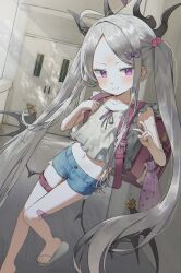  1girl absurdres aged_down ahoge alternate_costume alternate_hairstyle backpack bag black_halo blue_archive bow camisole child collarbone commentary demon_girl demon_horns demon_wings frills hair_bow halo highres hina_(blue_archive) horns light_blush long_hair long_single_sidelock looking_at_viewer low_wings merong_(sou47897) midriff multiple_horns navel parted_bangs pink_bag purple_halo purple_wings randoseru sandals short_shorts shorts sleeveless smile solo twintails v very_long_hair violet_eyes white_camisole white_hair wings 