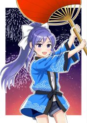 1girl aerial_fireworks blue_happi blue_shorts border bow commentary_request cowboy_shot fireworks hair_bow hand_fan happi high_ponytail highres hiumi_nanoka holding holding_fan japanese_clothes long_hair open_happi open_mouth outside_border paper_fan ponytail shine_post shirt shorts solo teeth time_kronos uchiwa upper_teeth_only white_border white_bow white_shirt 