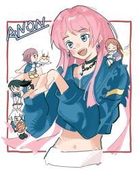  5girls absurdres bang_dream! bang_dream!_it's_mygo!!!!! black_hair blue_eyes blue_jacket blush brown_hair cake character_name chihaya_anon choker commentary cropped_jacket earrings english_commentary fang food gift green_choker grey_eyes grey_hair heterochromia highres jacket jewelry kaname_raana long_hair long_sleeves midriff mini_person mole mole_under_eye multiple_girls mygo!!!!!_(bang_dream!) nagasaki_soyo navel necklace open_mouth outside_border pink_hair shiina_taki short_hair starashes takamatsu_tomori teeth upper_teeth_only white_hair yellow_eyes 