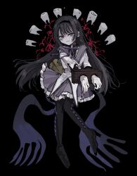  1girl akemi_homura akemi_homura_(magical_girl) black_background black_hair boots closed_mouth commentary_request full_body grimace hairband high_heel_boots high_heels highres homulilly long_hair looking_at_viewer mahou_shoujo_madoka_magica pantyhose restrained satou_uzura simple_background solo stocks violet_eyes 