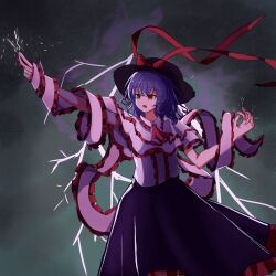  1girl absurdres black_bow bow bowtie buttons capelet center_frills commentary_request electricity electrokinesis frilled_capelet frilled_shawl frilled_shirt_collar frilled_skirt frills hagoromo hat hat_bow hat_ribbon highres i_love_suwako knees_out_of_frame lightning long_skirt magic medium_hair nagae_iku open_mouth outstretched_arms purple_capelet purple_hair purple_shirt purple_skirt red_bow red_bowtie red_eyes ribbon shawl shirt skirt solo storm_cloud touhou 