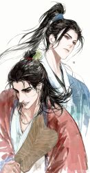  2boys absurdres all_wishes_come_true! black_hair blue_hanfu blue_trim brown_eyes chinese_clothes chinese_commentary closed_mouth coat commentary_request eyelashes facial_hair hair_bun hair_ornament hair_pulled_back half_updo hand_fan hanfu high_ponytail highres holding holding_fan jewelry leaf_fan leaf_hair_ornament long_hair long_sleeves looking_at_viewer lv_dongbin_(all_wishes_come_true!) male_focus multiple_boys mustache_stubble necklace open_clothes open_coat parted_lips ponytail red_coat robe seal_impression sidelocks simple_background single_hair_bun smile stubble topknot upper_body watermark weibo_watermark white_background white_hanfu xiaowangba488 zhongli_quan_(all_wishes_come_true!) 