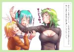  3girls :d ^_^ aqua_hair aqua_nails blonde_hair blush breasts bust cleavage cleavage_cutout closed_eyes commentary_request eyelashes fingernails goggles goggles_on_head green_hair gumi hair_ornament hairband hairclip hatsune_miku kagamine_rin large_breasts long_hair multiple_girls nail_polish open-chest_sweater open_mouth short_hair simple_background smile sweater toned translation_request twintails violet_eyes vocaloid white_background wokada yellow_nails 