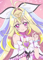  1girl absurdres antenna_hair blush bow brooch capelet closed_mouth clothing_cutout commentary_request cure_arcana_(future_form) dress frilled_capelet frilled_cuffs frills hair_ornament heart heart_brooch highres jewelry large_bow long_hair looking_at_viewer magical_girl meitantei_precure! moria_luluka morishita_(moricuremori) precure ribbon shoulder_cutout smile solo upper_body veil very_long_hair white_capelet white_veil winged_heart wrist_cuffs 