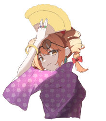  1girl bangle black-framed_eyewear bluerhozu bow bracelet closed_mouth coat commentary_request drill_hair earrings eyewear_on_head hair_bow hand_fan highres holding holding_fan jewelry looking_at_viewer multiple_rings orange_eyes orange_hair purple_coat ring round_eyewear simple_background smile solo sunglasses touhou twin_drills white_background yorigami_jo'on 