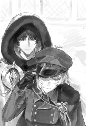  1boy 1girl aiguillette blunt_ends breasts brooch cape character_request cloak couple eyelashes fur-trimmed_hood fur_cape fur_trim gem genshin_impact gloves greyscale hat hat_over_one_eye hat_tip hetero highres hood hood_up hooded_cloak hoyofair indoors jacket jewelry jlypih large_breasts long_hair long_sleeves looking_at_another looking_at_viewer military_jacket military_uniform mole mole_under_eye monochrome oc_x_canon official_alternate_costume original peaked_cap scaramouche_(genshin_impact) smile tile_floor tiles tsurime twitter_username vision_(genshin_impact) wanderer_(genshin_impact) wanderer_(nord_express)_(genshin_impact) window wispy_bangs 