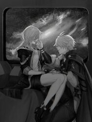  1boy 1girl absurdres antenna_hair arm_guards arm_up astral_express_(honkai:_star_rail) badge bare_shoulders bedroom boots breasts cape coat collarbone collared_shirt commentary_request covered_eyes crying facing_away fingerless_gloves fingernails full_body ghost gloves greyscale hair_over_eyes hand_on_another's_face hetero high_collar high_heel_boots high_heels highres honkai:_star_rail honkai_(series) ieririr implied_death indoors jacket lapels long_hair long_sleeves medium_breasts miniskirt monochrome off-shoulder_shirt off_shoulder on_bed on_one_knee open_clothes open_jacket pants phainon_(honkai:_star_rail) pillow sad shirt short_hair sidelocks signature single_glove sitting skirt sky smile space star_(sky) starry_sky stelle_(honkai:_star_rail) t-shirt teeth thigh_strap trailblazer_(honkai:_star_rail) window 