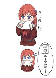  1girl blue_eyes book brown_dress commentary_request dress hanamiya_nina_(style) hasu_no_sora_school_uniform highres hinoshita_kaho holding holding_book instruction_manual kinjo_maika long_hair long_sleeves love_live! love_live!_hasu_no_sora_jogakuin_school_idol_club momose_ginko necktie nervous_sweating open_book red_hair red_necktie sailor_collar sailor_dress school_uniform sen_yousoro sequential speech_bubble sweat thought_bubble translation_request white_sailor_collar winter_uniform 