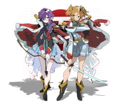  2girls belt black-framed_eyewear black_boots black_jacket blonde_hair blue_skirt boots bow_(weapon) cha'ersi_li_de closed_mouth daiba_nana full_body glasses green_eyes green_ribbon grey_skirt hair_between_eyes hair_ribbon highres holding holding_bow_(weapon) holding_sword holding_weapon hoshimi_junna jacket katana long_hair long_sleeves looking_at_viewer low_side_ponytail miniskirt multiple_girls pleated_skirt purple_hair red_jacket ribbon short_hair short_twintails shoujo_kageki_revue_starlight side_ponytail skirt smile standing sword twintails weapon yellow_belt 