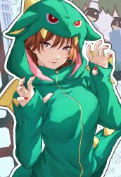  1girl absurdres aketa_mikoto alternate_costume animal_costume animal_ear_hood animal_hood birthday blonde_hair breasts brown_eyes brown_hair character_doll claw_pose closed_mouth doll dragon_costume dragon_tail gao gradient_hair green_hood green_hoodie green_pajamas hair_between_eyes hands_up happy_birthday highres hood hood_up hoodie idolmaster idolmaster_shiny_colors idolmaster_shiny_colors_song_for_prism kigurumi long_sleeves looking_at_viewer multicolored_hair nail_polish onesie outline pajamas polka_dot polka_dot_background red_nails short_hair sleeves_past_wrists smile solo stuffed_toy tail upper_body wanderstillart white_outline zipper 