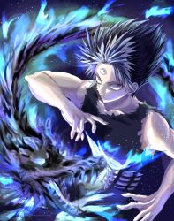  1990s_(style) 1boy attacking_viewer aura black_hair black_tank_top closed_mouth dark_aura dragon hiei_(yu_yu_hakusho) highres imminent_attack looking_at_viewer male_focus ocharisandesu retro_artstyle simple_background spiky_hair tank_top third_eye yu_yu_hakusho 