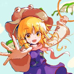  1girl :d absurdres animal_print blonde_hair blush breasts brown_hat commentary_request eye_on_hat frog frog_print hair_ribbon hat highres i_love_suwako long_hair long_sleeves looking_at_viewer moriya's_iron_rings moriya_suwako open_mouth purple_skirt purple_vest red_ribbon ribbon shirt sidelocks skirt skirt_set smile solo touhou tress_ribbon upper_body vest white_shirt wide_sleeves yellow_eyes 