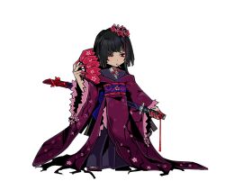 1girl black_hair blood blood_on_hand cherry_blossom_(e.g.o) cherry_blossoms e.g.o_(project_moon) hair_ornament hand_fan highres holding holding_fan holding_sword holding_weapon japanese_clothes kdr93 kimono limbus_company long_hair pink_kimono project_moon red_eyes ryoshu_(project_moon) smoking solo standing sword weapon white_background 
