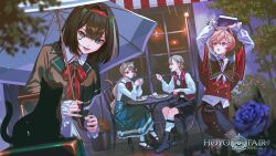  2boys 2girls absurdres akiwashi animal_ears arms_up ashru_(genshin_impact) black_fur black_hair black_shorts bob_cut book bow bowtie brown_hair brown_jacket cake cat cat_ears cat_girl cup dahlia_(genshin_impact) facial_mark food genshin_impact glass green_eyes highres holding holding_book holding_cup hoyofair jacket jewelry long_sleeves lynette_(genshin_impact) lyney_(genshin_impact) medium_hair multiple_boys multiple_girls nefer_(genshin_impact) official_art open_mouth pink_hair red_bow red_bowtie red_jacket second-party_source shirt short_hair shorts smile violet_eyes white_shirt 