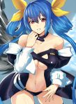  1girl bare_shoulders black_legwear blue_hair breasts choker cleavage collarbone detached_sleeves dizzy grin guilty_gear hair_ribbon hair_rings hand_on_own_face long_hair long_sleeves navel purinnssu red_eyes ribbon smile solo thigh-highs twintails under_boob 