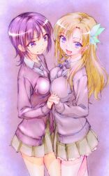  2girls asymmetrical_docking blonde_hair blue_eyes boku_wa_tomodachi_ga_sukunai breast_press breasts butterfly_hair_ornament cardigan clenched_teeth collared_shirt commentary_request fang green_skirt hair_ornament highres holding_hands kashiwazaki_sena large_breasts long_hair long_sleeves looking_at_another looking_at_viewer medium_hair mikazuki_yozora multiple_girls necktie official_artist_extra open_mouth pleated_skirt purple_cardigan purple_hair school_uniform shirt skirt small_breasts smile st._chronica_academy_school_uniform standing teeth violet_eyes watanabe_yoshihiro yuri 