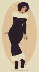  0ccultclub 1girl arms_at_sides black_dress black_hair bleach boots breasts commentary dress english_commentary fingernails full_body fur_trim hair_between_eyes hair_ornament hairclip head_tilt high_heel_boots high_heels highres hobble_dress kuchiki_rukia leaning_to_the_side long_dress long_fingernails long_sleeves medium_hair parted_lips simple_background small_breasts standing strapless strapless_dress teeth violet_eyes web_address white_nails wide_hips 