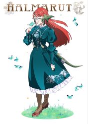  1girl au_ra bug butterfly butterfly_on_hand character_name closed_eyes closed_mouth commentary_request dragon_horns dress english_text eyewear_strap final_fantasy final_fantasy_xiv full_body glasses grass green_dress green_horns green_scales green_tail halmarut_(ff14) highres horns juliet_sleeves liricolilium long_hair long_sleeves puffy_sleeves red_hair round_eyewear scales solo tail white_background 