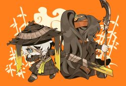 1boy 1girl artist_name bandage_over_one_eye bandaged_arm bandaged_weapon bandages black_bandages black_hair black_hanfu blue_eyes chibi chibi_only chinese_clothes closed_mouth commentary conical_hat dated_commentary expressionless faust_(project_moon) grey_scarf guan_dao hand_wraps hanfu hat heishou_pack-mao_branch_(identity)_(project_moon) high_ponytail highres holding holding_sword holding_weapon hong_lu_(project_moon) hongyuan_(identity)_(project_moon) limbus_company long_hair orange_background polearm ponytail project_moon red_bandage rice_hat scarf short_hair simple_background sword twitter_username very_long_hair waddwer_(rn5f6d7s) weapon white_hair 