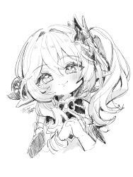  1girl artist_name bare_shoulders blush bracelet closed_mouth cross-shaped_pupils detached_sleeves dress gem genshin_impact greyscale hair_between_eyes hair_ornament hands_up heart heart_hair_ornament highres jewelry leaf_hair_ornament long_hair looking_at_viewer monochrome nahida_(genshin_impact) oishii_sasa own_hands_together pendant pointy_ears short_sleeves side_ponytail sidelocks signature simple_background sleeveless sleeveless_dress smile solo symbol-shaped_pupils upper_body wavy_hair 