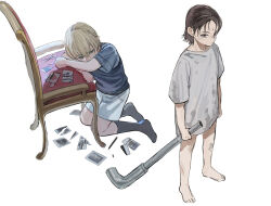  2boys aged_down barefoot black_hair black_socks blonde_hair blue_shirt chair closed_mouth commentary_request dirty dirty_clothes dirty_face final_fantasy final_fantasy_vii highres holding holding_lead_pipe kneeling lead_pipe male_focus multiple_boys no_shoes rufus_shinra scissors shirt short_hair short_sleeves shou_rou simple_background socks standing t-shirt tseng white_background 