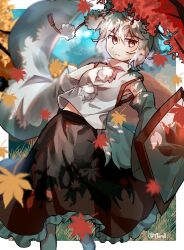  1girl armpits asymmetrical_hair autumn autumn_leaves black_skirt border breasts chirooo92084 commentary_request detached_sleeves frilled_skirt frills frown grass highres holding holding_shield inubashiri_momiji leaf long_skirt long_sleeves midriff_peek mountainous_horizon pom_pom_(clothes) red_eyes red_trim shield shirt shoes short_hair skirt solo tail touhou twitter_username white_border white_hair white_shirt white_shoes white_sleeves wide_sleeves wolf_tail 