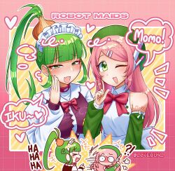  !? 2girls acme_iku apron arm_tattoo artist_name back_bow bare_shoulders beret black_dress blunt_bangs blush bow bowtie breasts buttons character_name chibi chibi_inset collar detached_sleeves dress english_text fang finger_to_cheek green_dress green_eyes green_hair green_hat hair_ornament hairclip hand_up hat heart highres l0vebun large_breasts laughing looking_at_viewer maid maid_apron maid_headdress momone_momo multiple_girls o_o one_eye_closed onion open_mouth outline pink_background pink_hair pointing pointing_at_another ponytail red_bow red_bowtie red_collar ribbon robot_ears robot_girl sidelocks skin_fang smile speech_bubble tattoo thought_bubble utau white_apron white_bow white_outline white_ribbon white_sleeves 