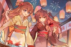  2girls absurdres aerial_fireworks ahoge alternate_costume black_kimono blue_eyes brown_hair candy_apple commentary cowboy_shot english_commentary evil_neuro-sama fireworks fish food hair_between_eyes hair_ribbon highres holding holding_candy_apple holding_food japanese_clothes kimono lantern leafthreet long_hair multiple_girls neuro-sama open_mouth paper_lantern parted_lips red_ribbon red_sash ribbon sash siblings sisters summer_festival twins two_side_up vedal_ai virtual_youtuber wide_sleeves yellow_kimono 