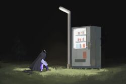  1girl absurdres ahoge animal_ear_piercing animal_ears black_hair black_sky brown_shoes commentary dress english_commentary from_side grass highres horse_ears horse_girl horse_tail hugging_own_legs knees_up lamppost long_hair long_sleeves looking_ahead manhattan_cafe_(umamusume) multicolored_hair myticalcat night purple_dress purple_thighhighs school_uniform shoes sidelocks sitting sky solo streaked_hair tail thigh-highs tracen_school_uniform tree umamusume vending_machine very_long_hair winter_uniform 