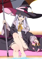  1girl bare_legs barefoot beach beach_towel beach_umbrella black_shoes black_skirt blush collared_shirt elaina_(majo_no_tabitabi) facing_viewer flat_chest hair_between_eyes hat hat_ribbon highres holding holding_umbrella holding_unworn_clothes holding_unworn_shoes long_hair looking_down majo_no_tabitabi miniskirt oyu_(umyu13137) petticoat pink_ribbon purple_hair ribbon sand shirt shoes simple_background sitting skirt solo splashing towel umbrella unworn_shoes violet_eyes white_shirt witch_hat yellow_ribbon 
