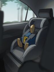  72_4pkg blue_sky car_interior child_safety_seat commentary_request highres no_humans pokemon pokemon_(creature) pokemon_focus roggenrola seatbelt sitting sky solo tree 