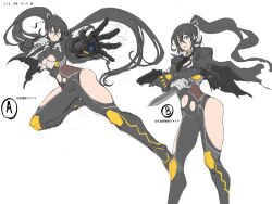  absurdres ass black_hair black_necktie blue_eyes breasts butler cleavage_cutout clothing_cutout commentary_request dark_skin floating_hair fuuma_amane groin hair_ribbon high_ponytail highres huge_ass large_breasts light_smile long_hair mechanical_arms messy_hair navel necktie ponytail reference_sheet ribbon shindol simple_background single_mechanical_arm taimanin_(series) taimanin_rpgx taimanin_suit thick_thighs thighs torn_clothes under_boob 