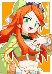  1girl :d abs border bow bowtie breasts crop_top etie_(fire_emblem) fire_emblem fire_emblem_engage frills green_bow green_bowtie green_eyes green_shirt hair_bow hand_on_own_chest hand_on_own_hip highres long_hair long_sleeves looking_at_viewer medium_breasts open_mouth orange_background orange_hair outline outside_border parameciumkun shirt simple_background smile smug solo swept_bangs tiara twitter_username upper_body white_border white_outline 