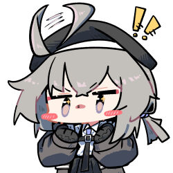  ! !! 1girl ahoge ahoge_wag beret black_gloves black_hat black_necktie black_skirt blush_stickers brown_jacket chest_strap cheyanne_(girls'_frontline_2) chibi collared_shirt commentary_request cowboy_shot crossed_bangs double-parted_bangs expressive_hair girls'_frontline_2:_exilium girls_frontline gloves grey_hair hair_between_eyes hat hexaa highres jacket korean_commentary long_hair looking_at_viewer low_ponytail m200_(girls'_frontline) motion_blur necktie no_sclera open_clothes open_jacket pink_eyes pleated_skirt ponytail shirt sidelocks simple_background skirt solo sparkling_eyes white_background white_shirt 