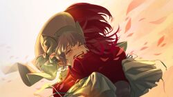  2girls absurdres backlighting bow capelet closed_eyes colored_eyelashes crying elizabeth_scarlet_penrose eyeshadow frilled_shirt frills game_asset green_bow hat hat_bow highres hug lily_weidling makeup multiple_girls non-web_source official_art open_mouth petals purple_eyeshadow red_hair red_petals red_shrug rolua runny_nose self-datamine shirt short_hair shrug_(clothing) sleeves_past_fingers sleeves_past_wrists snot teeth the_great_villainess_strategy_of_lily white_capelet white_hair white_hat yellow_background 