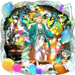  1girl alternate_costume alternate_hair_color barefoot blonde_hair blue_eyes closed_eyes clothes_writing electricity facing_viewer fingernails full_body game_asset green_haori green_nails green_sash grey_kimono haori highres holding holding_microphone japanese_clothes kimono microphone mystia_lorelei mystia_lorelei_(kaiju_of_darkness_and_sound) obi official_art open_mouth rotte_(1109) sash sharp_fingernails simple_background smile solo third-party_source toes touhou touhou_lostword translation_request transparent_background wings yellow_wings yukata 