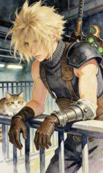  1boy armor blonde_hair buster_sword cloud_strife final_fantasy final_fantasy_vii final_fantasy_vii_remake gloves highres male_focus messy_hair muscular muscular_male pauldrons peachesosoy shoulder_armor single_pauldron single_shoulder_pad sleeveless sleeveless_turtleneck solo spiky_hair sword turtleneck weapon weapon_on_back 