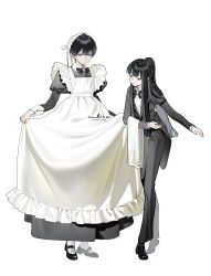 1boy 1girl absurdres apron black_dress black_pants black_suit blunt_bangs butler coattails collared_dress crossdressing crossdressing_(ftm) crossdressing_(mtf) decantering dress enmaided female_butler formal_clothes frilled_apron frills full_body highres juliet_sleeves long_hair long_sleeves maid maid_apron maid_headdress male_maid original pant_suit pants ponytail puffy_sleeves reverse_trap shirt short_hair suit tailcoat towel towel_on_arm trap tuxedo tuxedo_shirt vest vumiposu waist_apron waistcoat white_apron white_background white_shirt 