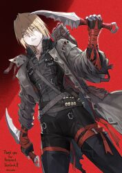  1boy ammunition artist_name bandaged_arm bandages belt belt_pouch black_boots black_gloves black_pants black_vest boots borrowed_character bright_pupils buttons clenched_teeth coat collared_vest commentary commission commissioner_name cowboy_shot cross_scar dagger dual_wielding dutch_angle english_text eyelashes fingerless_gloves gloves grey_belt grey_coat hair_between_eyes hand_up highres holding holding_dagger holding_knife holding_weapon jun_(navigavi) knife leg_ribbon long_sleeves looking_at_viewer making-of_available male_focus nose open_clothes open_coat open_mouth original pants pouch red_background ribbon scar scar_on_chin scar_on_face scar_on_neck sharp_teeth short_hair signature simple_background skeb_commission solo teeth thank_you thigh_boots thigh_ribbon vest weapon white_pupils yellow_eyes 
