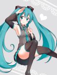  1girl aqua_eyes aqua_hair arm_up blush detached_sleeves hatsune_miku headset long_hair looking_at_viewer necktie salute skirt smile snowmi solo thighhighs twintails very_long_hair vocaloid 