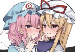  2girls blonde_hair blue_hat blue_kimono blush closed_mouth commentary dress eye_contact hat hat_ribbon japanese_clothes karasusou_nano kimono long_hair long_sleeves looking_at_another mob_cap multiple_girls pink_hair portrait purple_tabard red_ribbon ribbon saigyouji_yuyuko smile tabard touhou triangular_headpiece violet_eyes white_dress white_hat yakumo_yukari yuri 