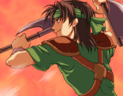  1boy arm_up armor axe bandages brown_hair commentary_request dual_wielding fighting_stance fire_emblem fire_emblem:_thracia_776 green_headband green_shirt headband holding holding_axe long_hair lowres male_focus osian_(fire_emblem) redace shirt shoulder_armor smile solo strap upper_body 
